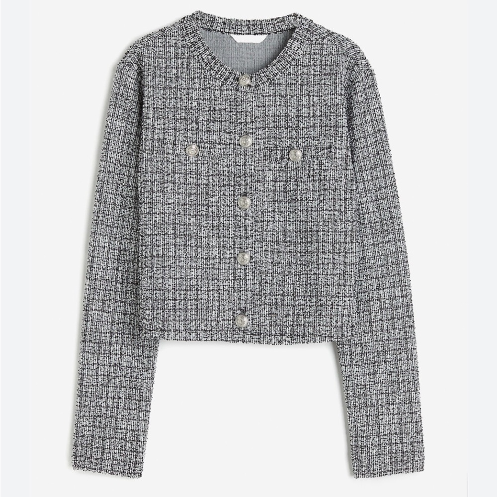 H&M Women's Black White Textured Tweed Cardigan Jacket Blazer Medium